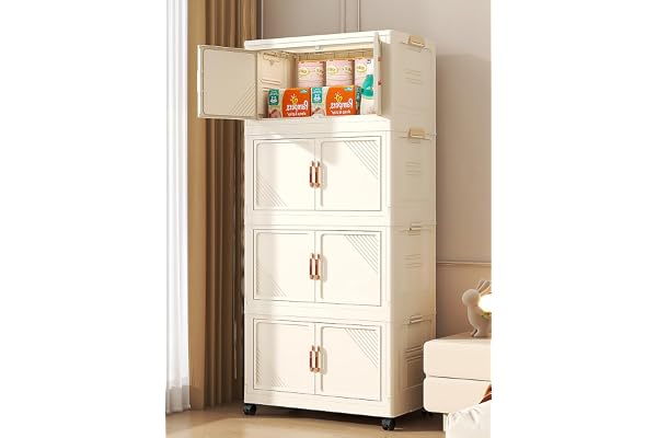 House of Quirk Plastic Storage Bins for Closet Organizers, Folding Storage Box, Stackable Storage Bins with Open Front Door, Collapsible Storage Box 45cm (4 Layer, Beige)