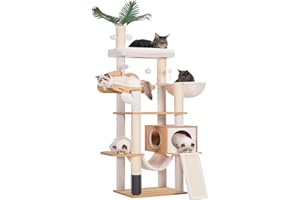 Heybly Arbre à Chat Moderne, Arbre à Chat en Bois avec 5 Griffoirs, Planche à Griffer, Panier, Tour de Jeu 156 cm, Niche, Plateforme, Hamac, 3 Pompons, Tapis Lavables, Noyer HCT120WB