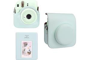 Meetikar Kameratasche und 64 Taschen Fotoalbum kompatibel mit Fujifilm Instax Mini 12 Sofortbildkamera, PU Leder tragbare Mini 12 Kameratasche mit verstellbarem Schulterriemen (Grün)