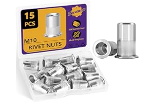ZERDANS M10 Rivet Nuts, 15Pcs Threaded Insert Nutsert Rivnut Metric 304 Stainless Steel Finish Flat Head Rivnut Threaded Insert Nut Knurled Body for Automotive Furniture (M10-1.5mm)