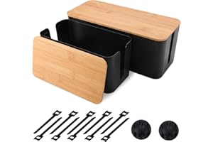 BBWELL Pack de 2 Organizador de Cables, Caja de Gestión de Cables con Tapa de Bambú, Ocultar Organizador Cables el Cableado del Ordenador y los Cables Sueltos, Gestión Sencilla y Ecológica de Cables