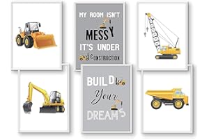 WIETRE® 6er Set Bilder Baufahrzeuge Bagger Kran Kinderzimmer Deko | Bild Junge Babyzimmer Poster DIN A4 | LKW Baustelle Stapler Walze Auto Fahrzeuge Dekoration (mit weißen Rahmen)