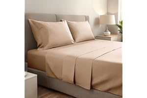 GOBEDREAMS Juego de Sábanas 4 Piezas 150x190/200. Sábanas de Cama de Poliéster Microfibra cepillada. Sábana Plana, Sabana Bajera Ajustable y 2 Fundas de Almohada. Color Beige.