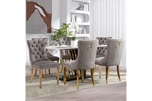 SoarFlash Ensemble de 6 chaises de Salle à Manger en Velours, Chaise tapissée capitonnée avec Bordure en Clous de cuivre, Jambes en Bois Massif plaquées Or pour Cuisine, Gris