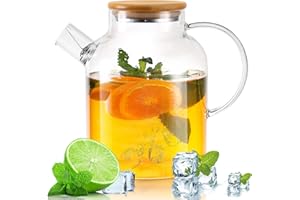KASANNI Teekanne Glas 1,8l Holzdeckel Teekanne Glas Mit Siebeinsatz Glaskanne KäLtebestäNdiges und HitzebestäNdiges ExplosionsgeschüTztes Borosilikatglas Glastopf Geeignet füR tee, Dufttee und FruchtgeträNke