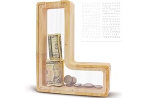 DBPBToU Spardose aus Holz Buchstaben, Groß Durchsichtig Sparschwein für Kinder, 23 * 4 * 23cm Große Personalisierte Sparbox, Lustige Piggy Bank für Geburtstag Geschenk/Heimdekoration/Keepsake (L)