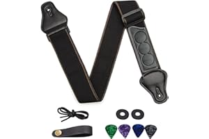 SYEYCW Noir Sangle de Guitare, Coton Tissée Sangle Guitare, avec 4 Médiators, 2 Verrous de Sangle en Caoutchouc et Adaptateur de Poupée à Boucle, pour Guitares Acoustique, Guitares Électrique, Basse