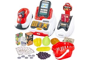 BUYGER 26 Pièces Caisse Enregistreuse Enfants Marchande Jouet avec Électronique Scanner Épicerie, Jeu d'imitation pour Filles et Garcons