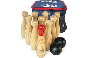 JAC & MOK Wooden Game Set-Lawn Bowling and-Hardwood10 Pins & 2 Balls in a Carry Bag (20cm-High, natural)
