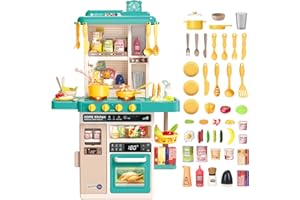 deAO Kitchen Toy, Cucina per Bambini con Suoni e luci, Vapore, 50PCS Accessori da Cucina per Bambini Include Piatti, Cibo, lavello, Forno e Piastre di Cottura Giocattoli, Set da Gioco per Bambini