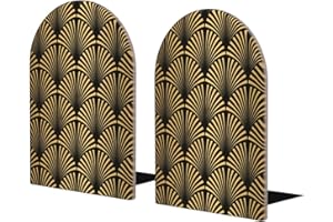 INOMAK Art Deco Pattern Seamless Black Gold, Set of 2 Bookends Bookshelf Funny Wood Book Stopper Book Ends Book Holder And Stand
