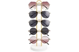 Mkono Sunglasses Organizer Glasses Holder Stand Sunglass Storage Eyeglasses Rack Metal Frame with Wood Base for 5 Pairs of Eyewear Display for Table Desk Countertop Dresser Bedroom (1, Gold)