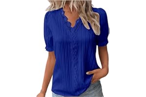 HRJXFPT White Polo Shirts Tops for Women UK Plus Size Ladies Summer Tops Elegant Lace Splicing Hollow Bubble Short Sleeve Solid Color Blouses V Neck Shirt Soft Comfy Classic-Fit Dressy Casual Tops Tee Sales