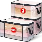 NEWSONA 3 Pieces Transparent Clothes Organizer 60L - Foldable Boxes for Closet or Under the Bed - Storage Bag Blankets and To