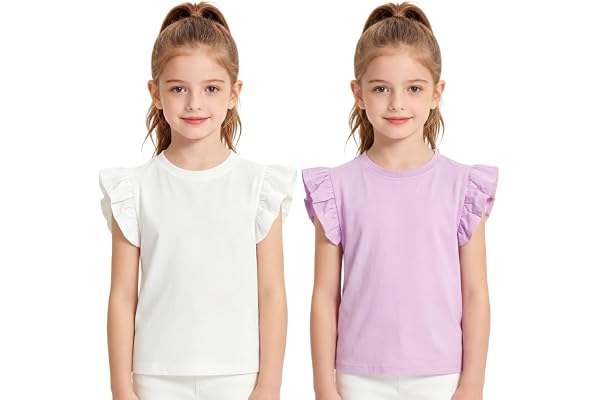 FILOWA T-shirt flickor 2-pack bomull långärmad volangtröja rundhalsad mjuk ledig t-shirt bekväm enfärgad topp skola park t-sh