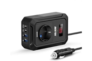 BESTEK Inversor 12v 220v Onda Pura 200W,Transformador 12V a 220V Convertidor Onda con 2 AC Tomas Y 2 USB-C (65 W y 30 W) 2 USB-QC (18 W) sinusoidal con Protección para Barco,Caravana,Coche（Negro）