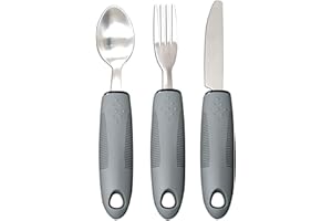 VERGILSON Weighted Extra Wide Handles Easy Grip Cutlery Set, Disability Ideal Dining aid for Elderly Disabled Arthritis Parkinson's Disease Tremors Sufferers (Gray 3PCS)