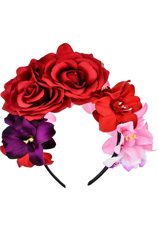 Bandeau Cheveux Halloween Femme Avec Fleurs Orange - Accessoire Floral En Soie Pour Fête Costumée - 10