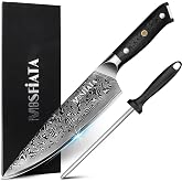 MOSFiATA Damascus Kitchen Knife, 20 cm 67 Layers Damascus Steel Chef Knife with G10 Material Handle and Knife Sharpener
