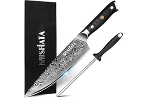 MOSFiATA Cuchillo de Cocina Damasco, 20cm Cuchillo Chef de Acero Damasco de 67 Capas con Mango de Material G10 y Afilador de Cuchillos