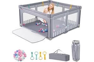 COSTWAY Parc Bebe Pliable avec 50 Balles Océaniques, 150 x 150 x 76,5 cm, Parc Enfant sans BPA pour Tout-petits, Filet Respirant, Portail Zippé, 4 Anneaux de Traction, Clôture Large en Oxford (Gris)