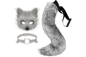 hbbhml Kunstpelz Fuchs Maske Wolf Katze flauschiger Schwanz und Leder Halskette Set Halloween Party Cosplay Kostüm Accessoire