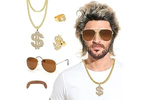 Forhandy Zestaw męskich peruk w stylu lat 80. XX wieku, 6 sztuk, strój męski z lat 80., akcesoria ze złotym łańcuszkiem, pierścionki, okulary przeciwsłoneczne na karnawał, Halloween, imprezę