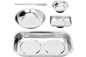 aleawol 5pcs Magnetic Parts Holder Trays with Pickup Tool Round Square Stainless Steel Magnetic Tool Tray for Parts Socket Screw Nut Bolt Metal Tools
