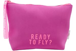 PONETTE - Neceser de Mujer en Tejido de Neopreno Fucsia Buganvilla con Texto Ready to Fly? en Rosa Neón, Chica, Viaje, Bolsa, Aseo,Marca Española