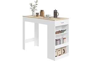 WOLTU Mesa Bar Alta, Mesa Cocina con Estantería Lateral de 1 Cajon 1 Botellero y 2 Estantes, Mesa para Comedor Salón (Blanco+Roble Claro, Centímetros, 90, Centímetros, 50, Centímetros, 120)