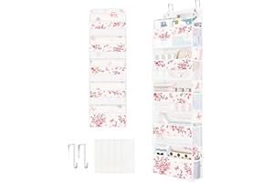 Clastyle Flower Over The Door Organizer Leaf Nursery Hanging Storage Organizer for Women Girls Clothes Diaper Toy Closet Door Hanging Shelf Storage for Bedroom Bathroom Pantry, Cherry Blossom, 5-Tier