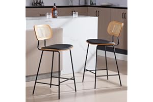 Ya-Home Chaise de Bar en Rotin Lot de 2 Tabourets de Bar Bois Métal, Coussin en Cuir PU, Chaise Haute Bar Pied Métal pour Comptoir, Noir