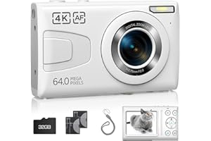 CAMWORLD Appareil Photo numérique, Appareil Photo Compact 4K 64 MP avec Carte SD de 32 Go, Zoom 18X, 2 Piles, Petites caméras de vlogging pour Enfants, garçons, Filles, Adultes, Adolescents (Blanc)