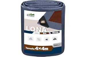 Covall Lona de Ojales Bicolor 260g/m² Impermeable Lona Gris/marrón súper Duradera para Techo, jardín, Cubierta, Piscina, Tienda de campaña.(4x4m)
