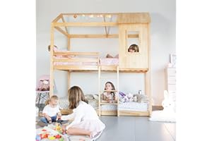 MUEMUE Litera Tipo Montessori con Forma De Casita Medidas 201,5 Cm Ancho X 227 Cm Alto X 97,5 Cm Fondo Madera Maciza, Pino