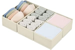 DIMJ Organizadores de Cajones 4 Cajas de Almacenaje Plegables de Tela Organizadores de Armarios Separadores de Cajones Cubos de Almacenaje para Sujetadores, Calcetines, Corbatas, Bufandas (Beige)