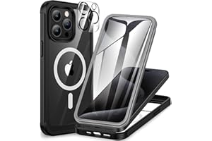 CENHUFO Magnética Funda iPhone 15 Pro, Compatible con MagSafe, Integrado [9H HD] Cristal Templado Protector Pantalla y Protector cámara,360 Grados Antigolpes Carcasa Militar Capa Doble Case -Negro