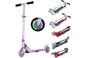 GYMAX Monopattino a Spinta per Bambini 4-13 Anni, 2 PU Ruote Luminose, Regolabile a 3 Altezze 63-85 cm, Manubrio Pieghevole, Scooter in Alluminio, Carico di 70 kg, Ideale Regalo