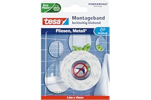 tesa Powerbond taśma montażowa do płytek i metalu, odporna na wilgotne pomieszczenia, o udźwigu do 10 kg na metr – dwustronna taśma klejąca do gładkich powierzchni – 1,5 m x 19 mm