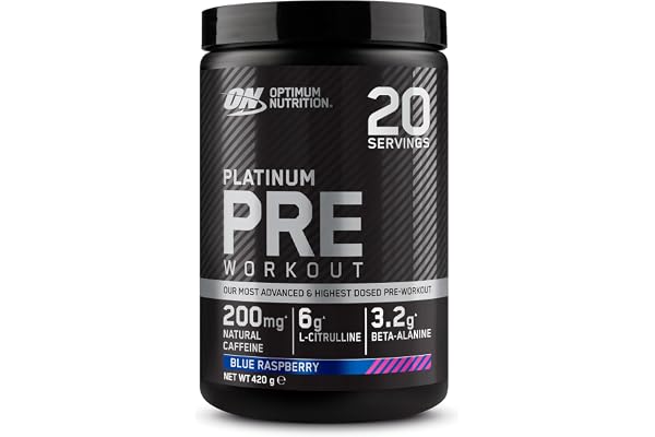 Optimum Nutrition Platinum, pré-workout premium pour énergie et concentration, avec caféine, L-Citrulline, Bêta-Alanine, vitamines B, saveur Framboise Bleue, 20 portions, 420 g