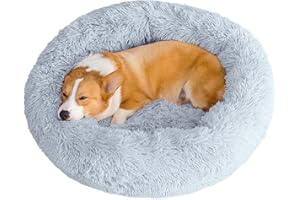 WEASHUME Calming Dog Cat Bed 50/70/85/100 Plush Donut for Large Medium Small Dog Cat Calming Anxiety Relief Fluffy Soft Cuddler Round Pet Nest Orthopedic Relief Anti-Slip Light Grey 100cm