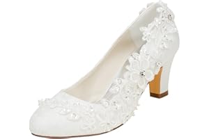 Emily Bridal Wedding Shoes Women's Silk Like Satin Chunky Heel Pumps with Stitching Lace Flower Crystal Pearl