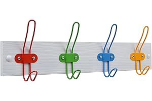 Mevsim Store Patère - Blanc mat - 4 crochets métalliques - 43,5x7,5 cm - Portemanteau chambre enfant avec crochets colorés - Portemanteau enfant - Bois - Portemanteau mural