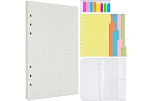 MALEDEN A6 Papier Karierte Nachfüllpapier Set, 6 Löcher Nachfüllbare Notizpapier, 160 Rasterseiten, 5 Stücke Farbige Trennblätter, 160 Stücke Haftnotizen Bunt, 2 Stücke Umschlägbeutel für Notizbuch