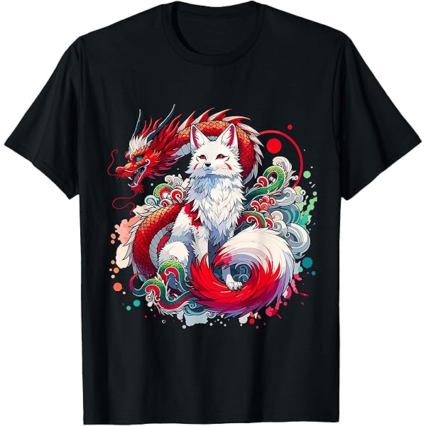 Fairy Tail T-shirt Japonais Anime Kitsune Samouraï - Design Rétro Ying Yang, Coton Kitsune Masque Costume