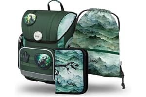 Baagl Schulranzen Jungen Mädchen Set 3 Teilig, Ergo Schultasche für 1. Klasse, Ergonomische Grundschule Ranzen Tornister mit Brustgurt (Dino)