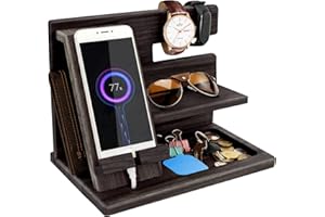 ROBOMANOR Cadeau Homme Noel Utile Organisateur de Bureau Bois et Station de Recharge Monnaie Montre Support Telephone Bureau Cadeau Noël Homme Original Cadeau Papa Cadeau Anniversaire Homme Cadeaux Homme Femme