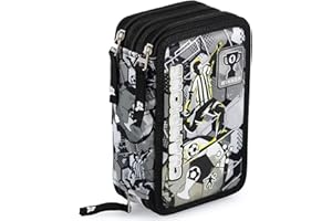 Julian Ross Plumier Triple Escolar 45 Piezas – Fútbol Champions – con Bolígrafos Borrables, Tijeras, Pegamento – Blanco y Negro – para Niños – Regalo o Colegio