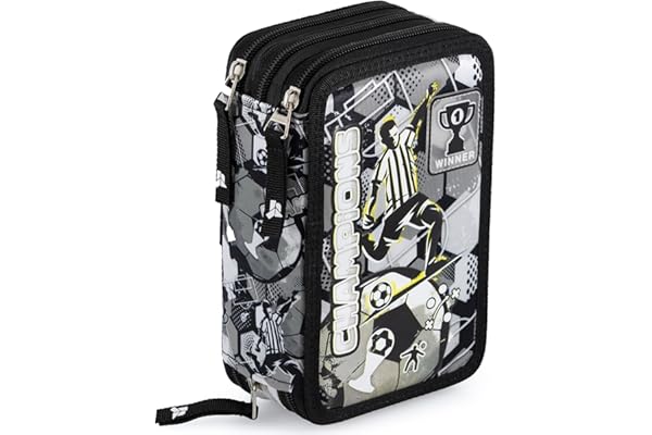 Julian Ross Plumier Triple Escolar 45 Piezas – Fútbol Champions – con Bolígrafos Borrables, Tijeras, Pegamento – Blanco y Negro – para Niños – Regalo o Colegio