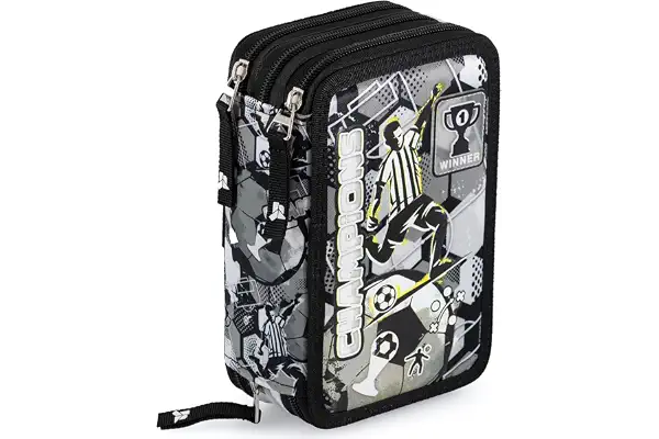 Julian Ross Plumier Triple Escolar 45 Piezas – Fútbol Champions – con Bolígrafos Borrables, Tijeras, Pegamento – Blanco y Negro – para Niños – Regalo o Colegio
